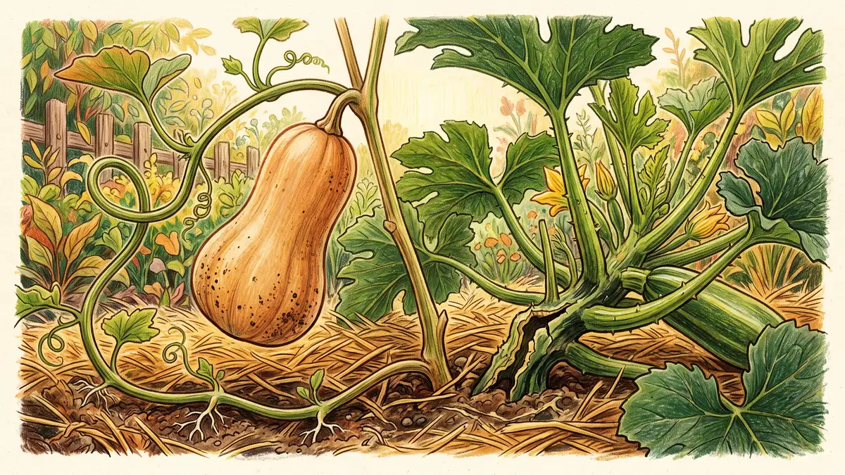 Butternut squash on a solid narrow vine beside a hollow-stemmed zucchini, with soil-covered vine nodes rooting into straw mulch