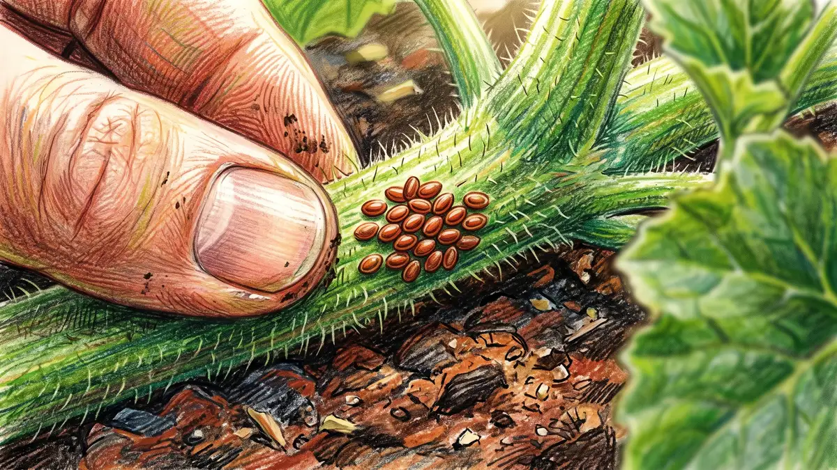 Close-up of tiny flat reddish-brown squash vine borer eggs stuck singly to a fuzzy squash stem near the soil line