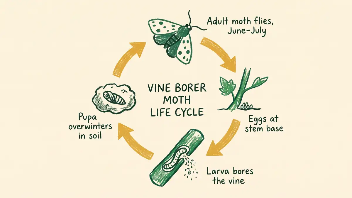 Hand-drawn circular life cycle diagram of the squash vine borer showing adult moth, eggs at stem base, larva boring the vine and pupa overwintering in soil