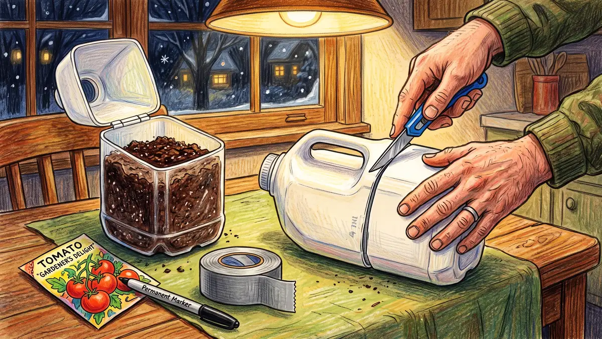 Hands cutting a plastic milk jug horizontally with a craft knife beside a finished jug filled with potting mix, seed packet and tape