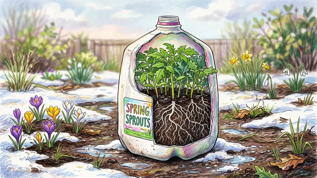 Opened milk jug in early spring with the top folded back showing a dense stand of stocky green seedlings in dark compost