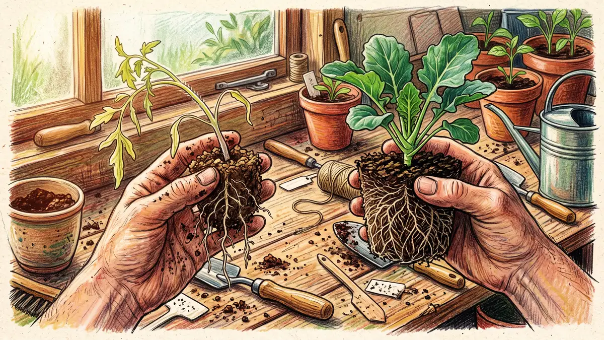Leggy pale indoor-raised seedling with sparse roots held beside a short stocky winter-sown seedling with a dense fibrous root system
