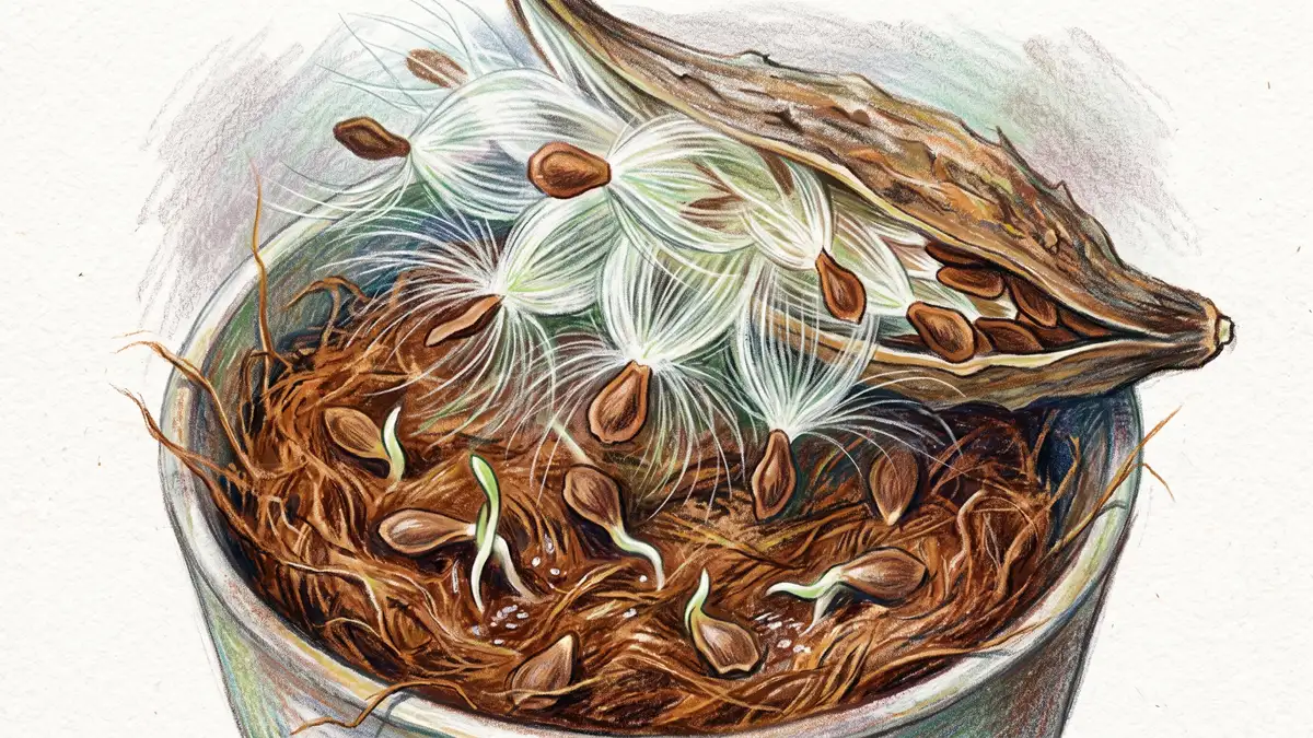 Close-up of flat brown milkweed seeds with silky white floss spilling from a split pod onto damp coir