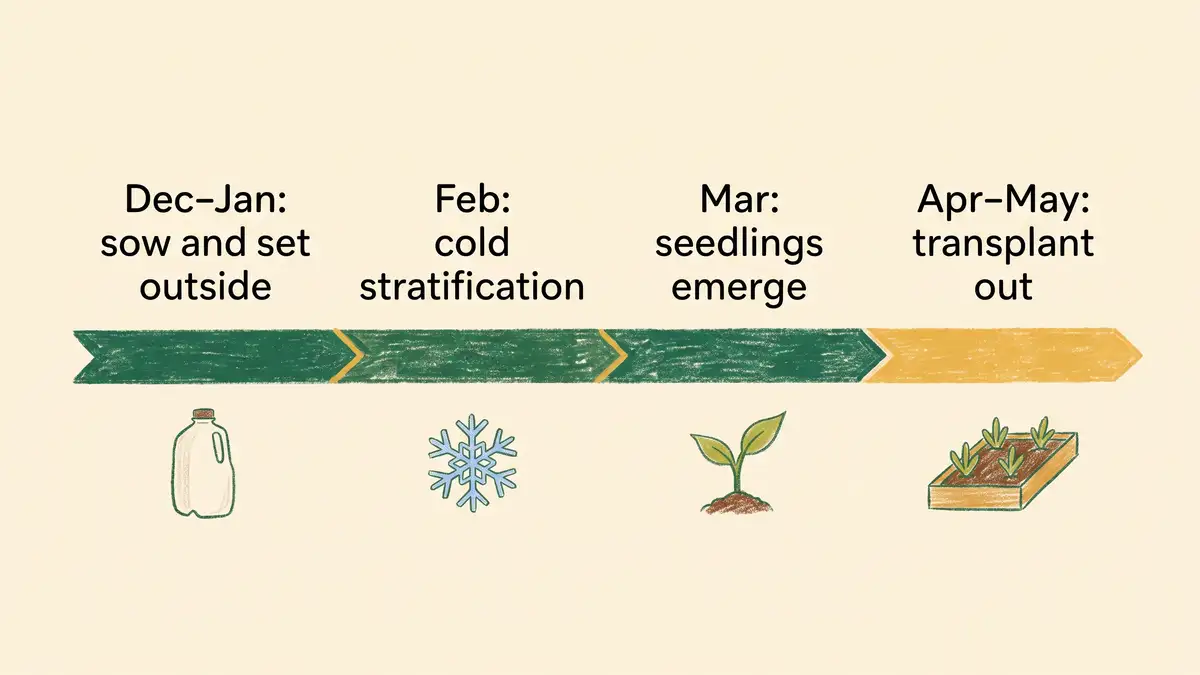 Hand-drawn winter sowing timeline showing sowing in December to January, stratification in February, germination in March and transplanting in April to May