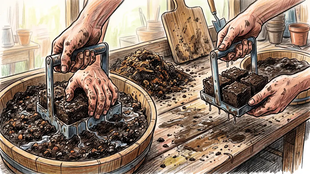 Hands pressing a steel soil blocker into a tub of very wet dark potting mix with water squeezing out at the edges
