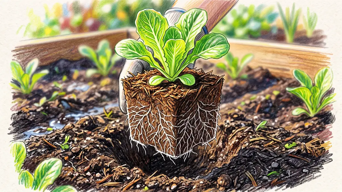 Lettuce seedling on an intact soil block with fine white roots reaching the outer faces of the cube and stopping at the edge
