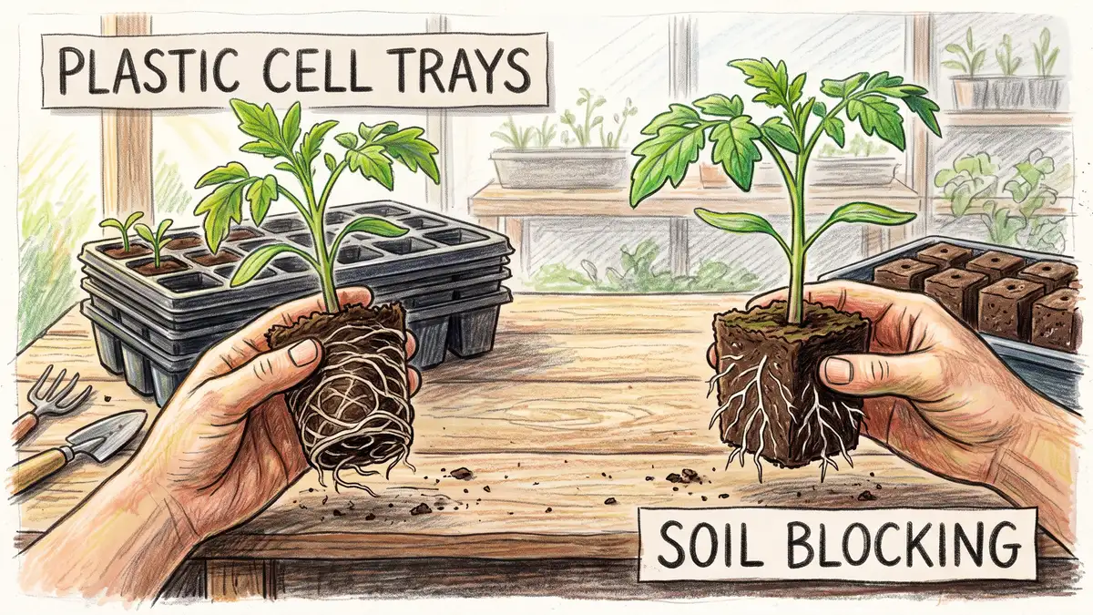 Side-by-side comparison of a cell-tray seedling with roots circling the plug and a soil-blocked seedling with straight roots
