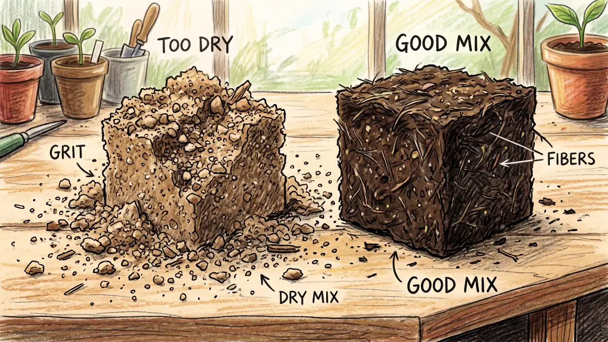 A crumbled soil block that fell apart on a bench beside an intact well-bound block showing the difference in mix consistency