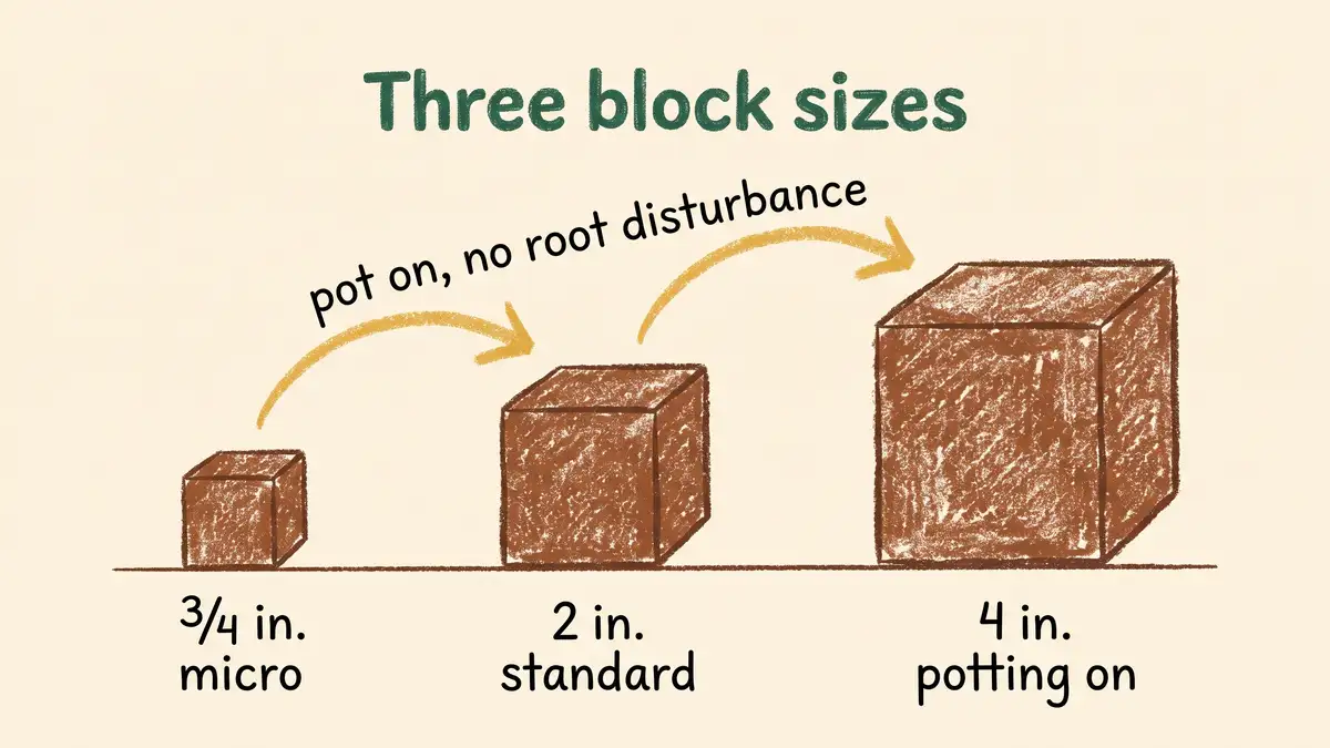 Hand-drawn chart comparing three soil block sizes, three-quarter inch micro, two inch standard and four inch potting on