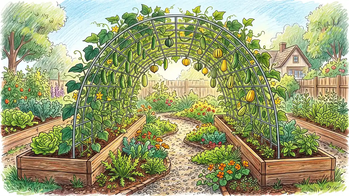 Cattle panel arch trellis over two raised beds with climbing cucumbers and squash and shade-tolerant greens growing underneath