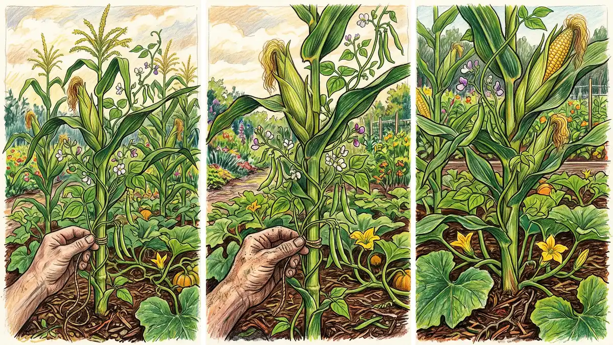 Three sisters vertical planting with pole beans climbing corn stalks and squash leaves covering the mulched soil below