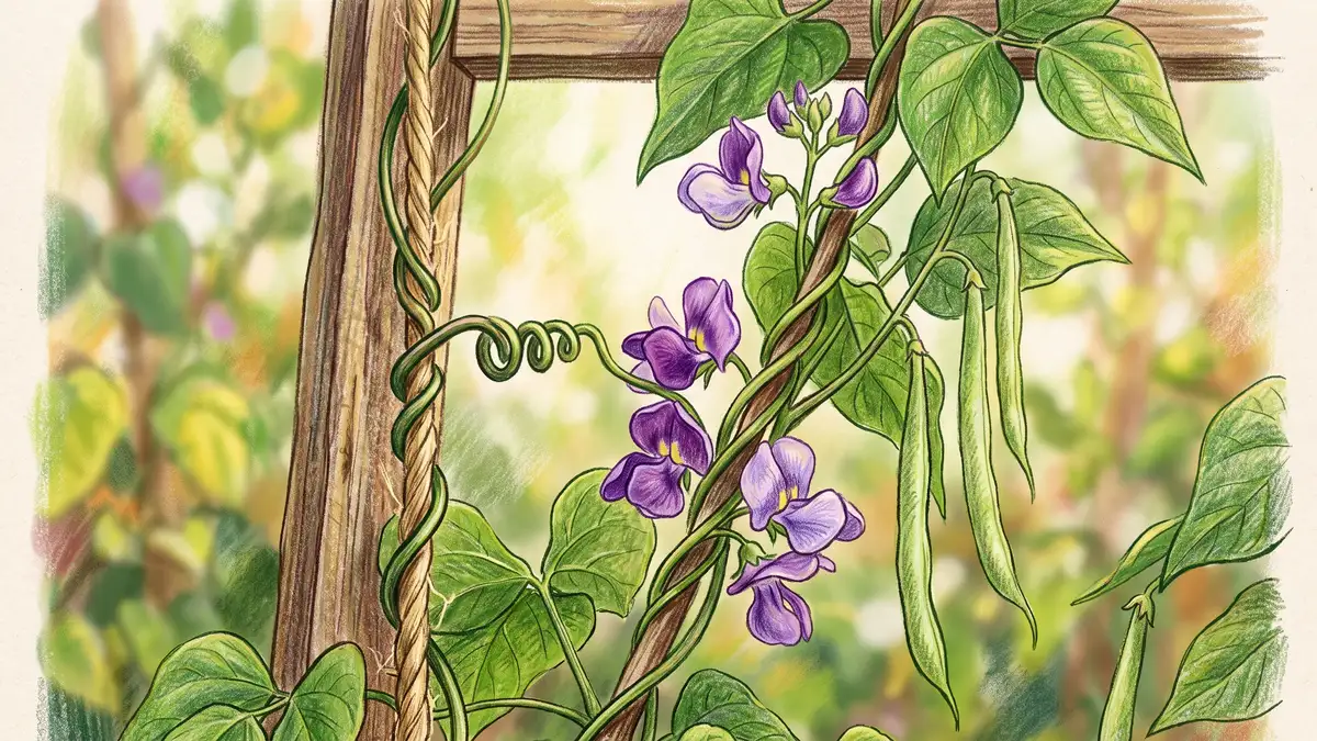 Pole bean tendril spiralling around jute twine on a vertical garden trellis with purple flowers and green pods