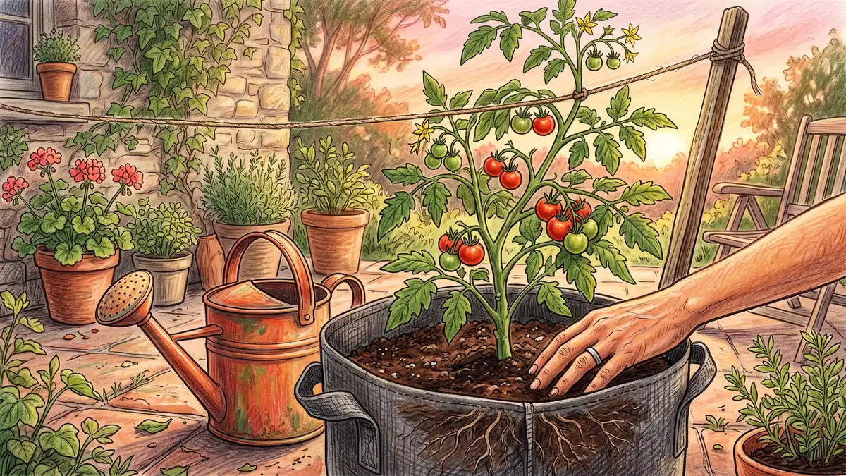 Fabric grow bag on a patio with an indeterminate tomato trained up a single string and a hand checking soil moisture