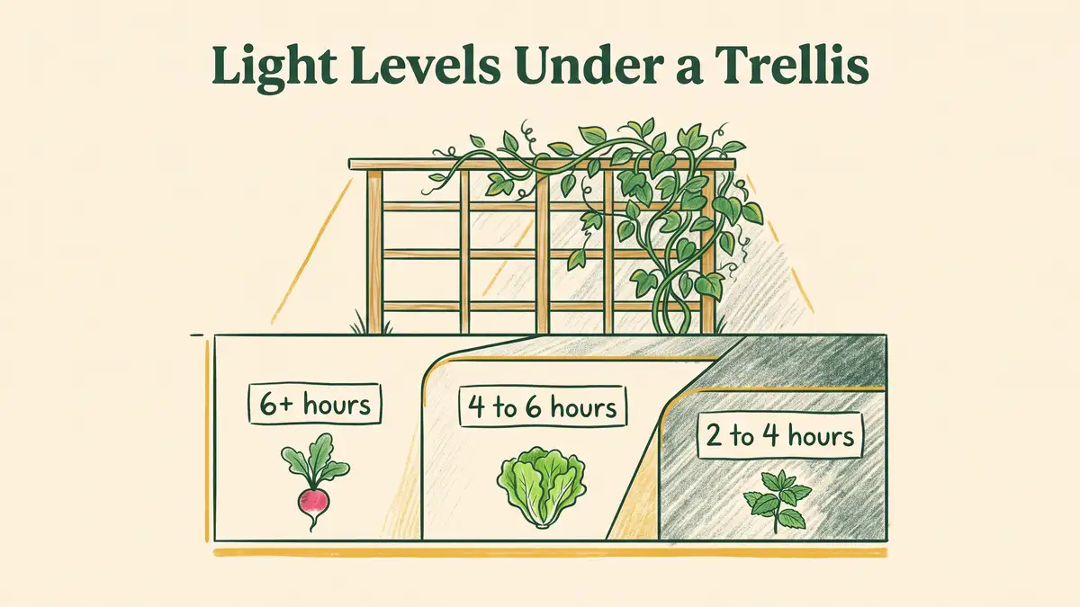 Infographic showing three light zones under a vertical garden trellis with sun hour ranges and suitable crops for each zone