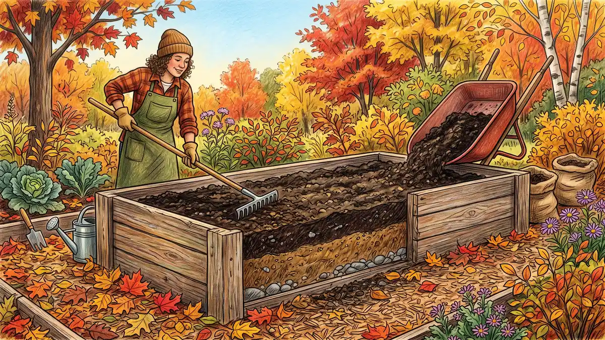 Cedar raised bed being filled in autumn with mineral topsoil below and compost blended into the top few inches