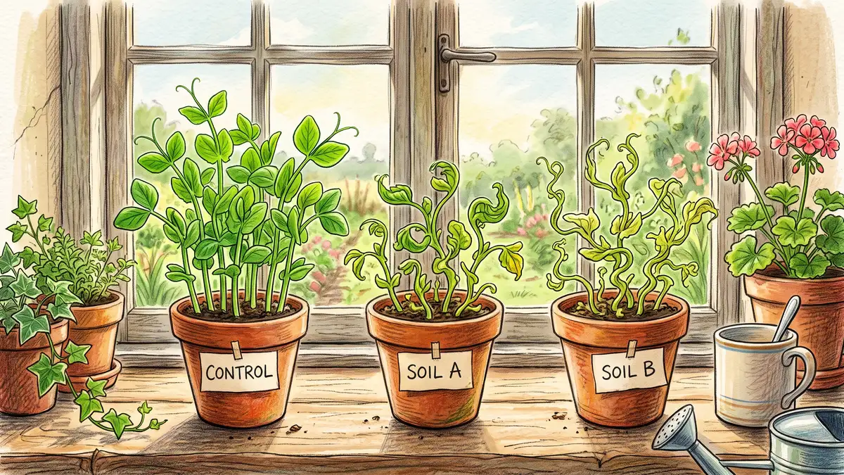 Herbicide carryover bioassay with pea seedlings showing healthy growth in one pot and twisted cupped leaves in two others