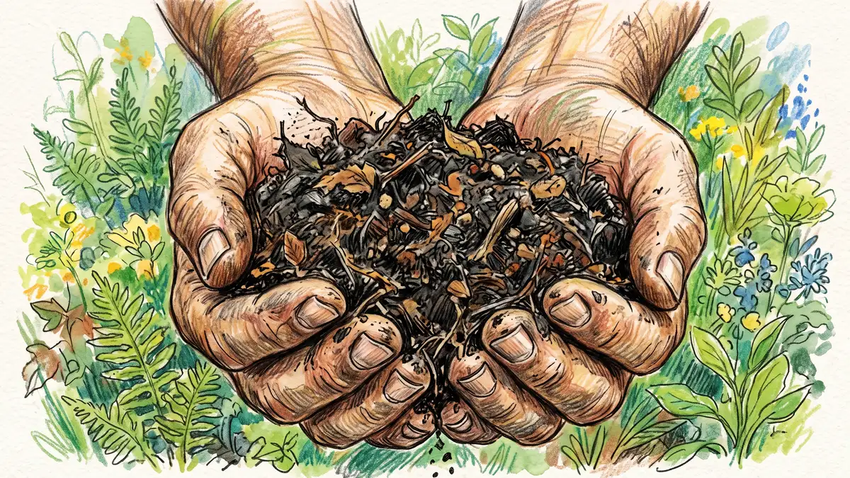 Hands holding a fistful of dark crumbly finished compost with visible bits of leaf and twig