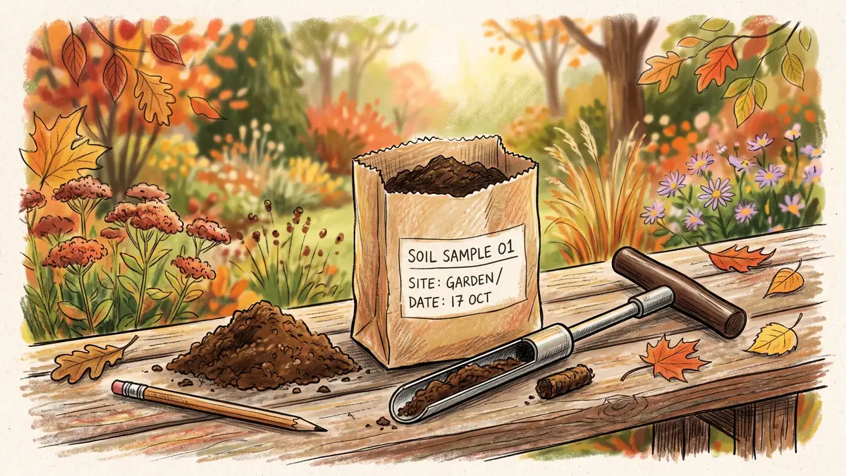 Soil probe and labelled paper sample bag on a bench with a small pile of soil ready for a lab test
