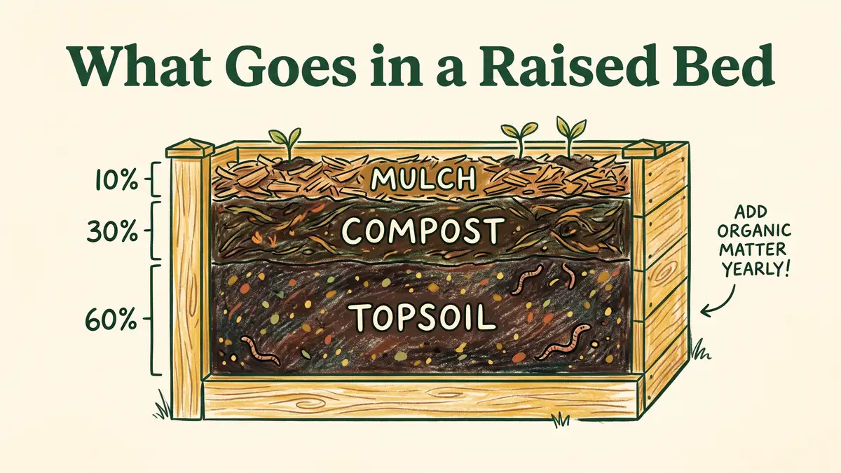 Infographic showing raised bed composition in proportional bands of topsoil, compost and a thin mulch layer with percentage labels
