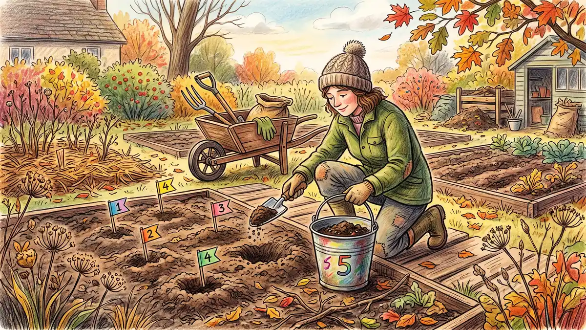 Gardener collecting soil samples from five spots across a vegetable bed with a trowel to make one composite sample for a jar test