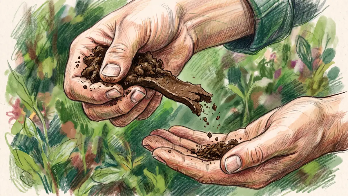 Hands performing the soil ribbon test with moist soil squeezed into a short ribbon that is breaking off
