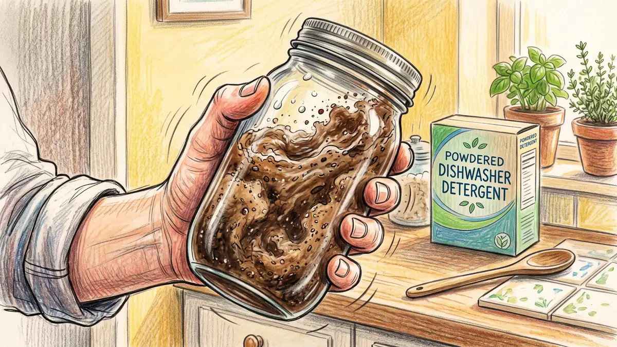 Hand shaking a sealed glass jar of soil and water into a brown cloud beside a box of powdered dishwasher detergent