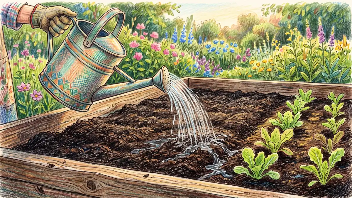 Watering can pouring onto loose dark loamy raised bed soil that absorbs water immediately rather than pooling