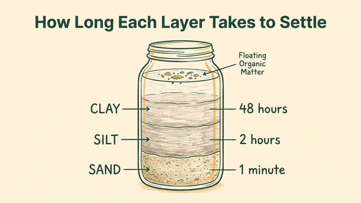 Infographic showing a soil jar in cross-section with sand settling at one minute, silt at two hours and clay at 48 hours