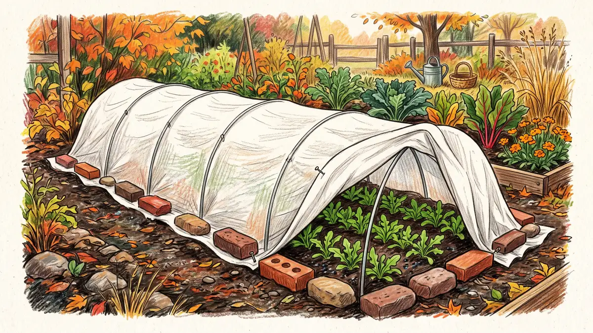 Garden bed under white floating row cover on hoops with a corner lifted to show clean undamaged arugula seedlings underneath