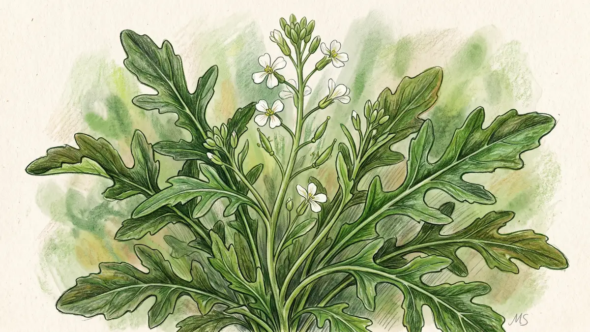 Close-up botanical study of a mature arugula plant with deeply lobed leaves and the first white flowers of a bolting stem