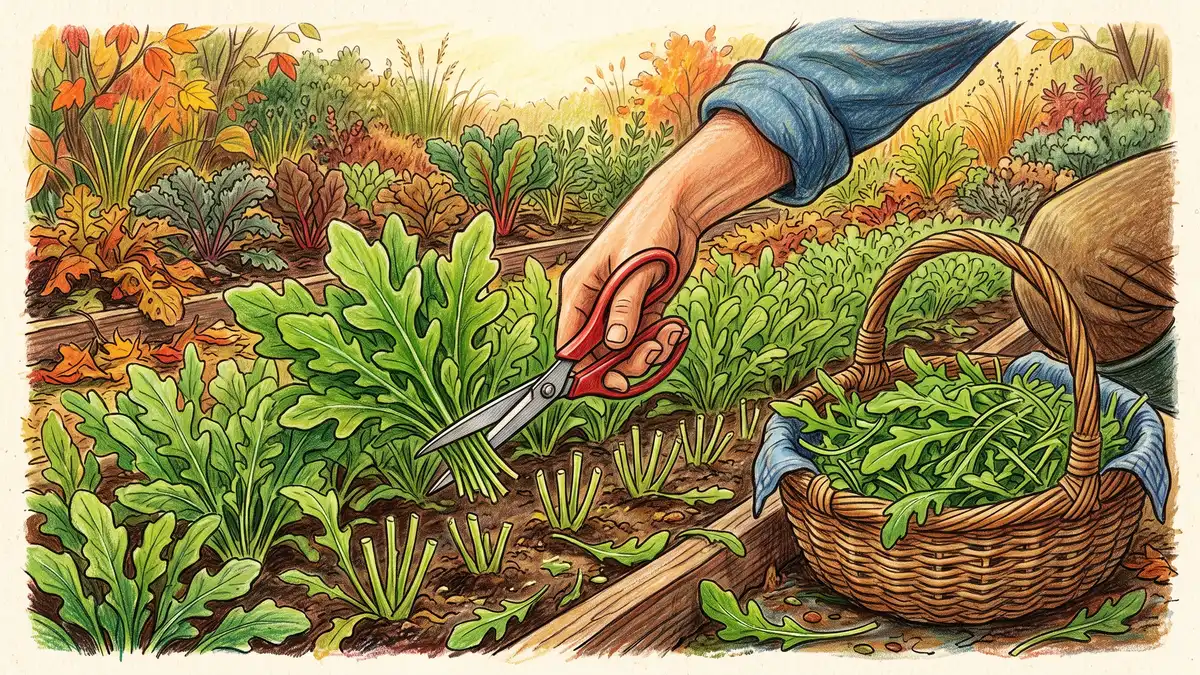 Hand cutting arugula leaves an inch above the crown with scissors, leaving stubs to regrow, with a basket of cut greens