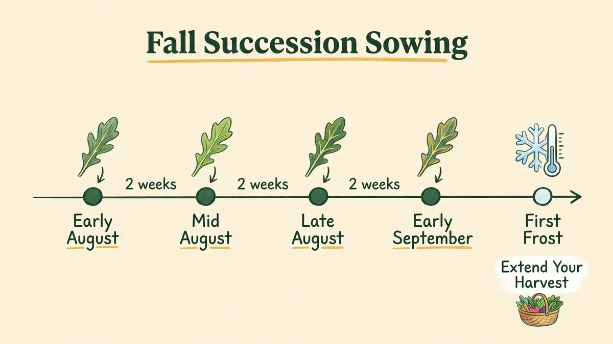 Infographic timeline showing four fall arugula sowings spaced two weeks apart with a first frost marker at the end