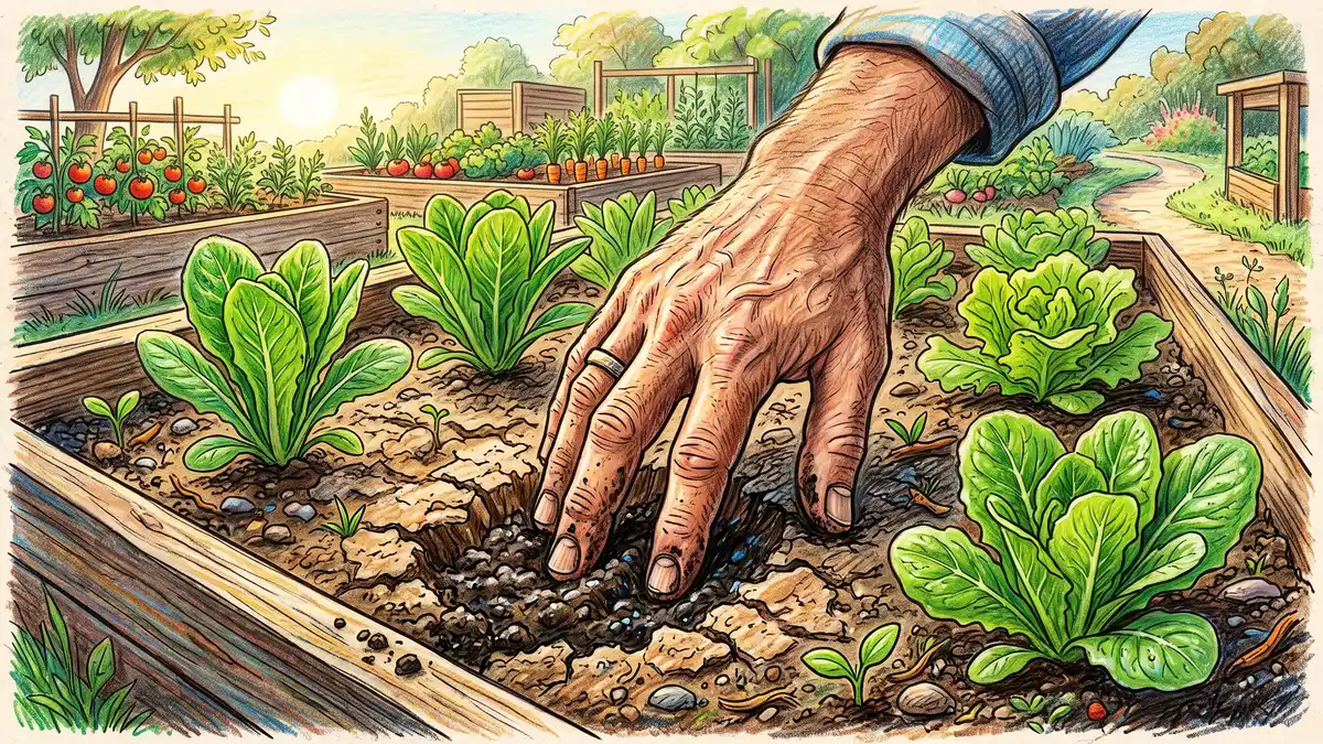 Gardener pushing two fingers into raised bed soil to check moisture at knuckle depth, with dry crust above and damp soil below