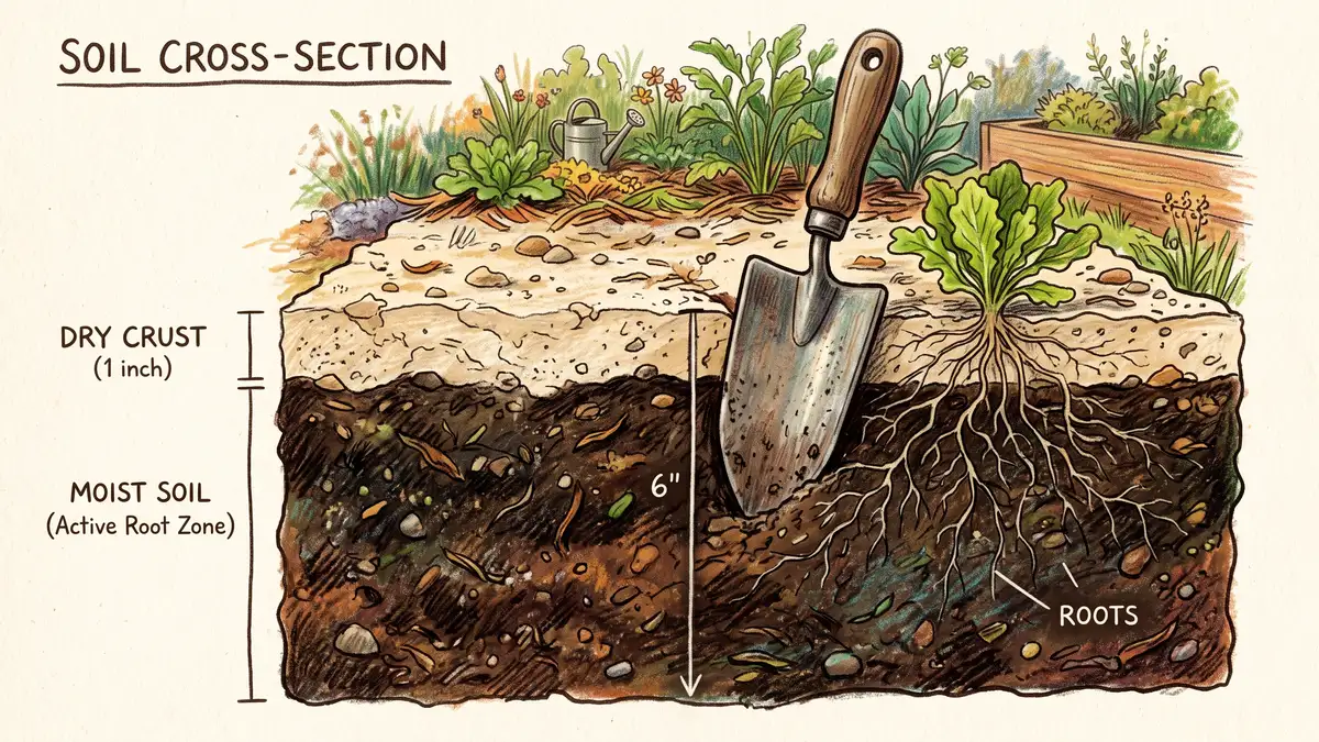 Cross-section of a garden bed showing a dry pale crust over dark moist soil with plant roots reaching down into the damp zone