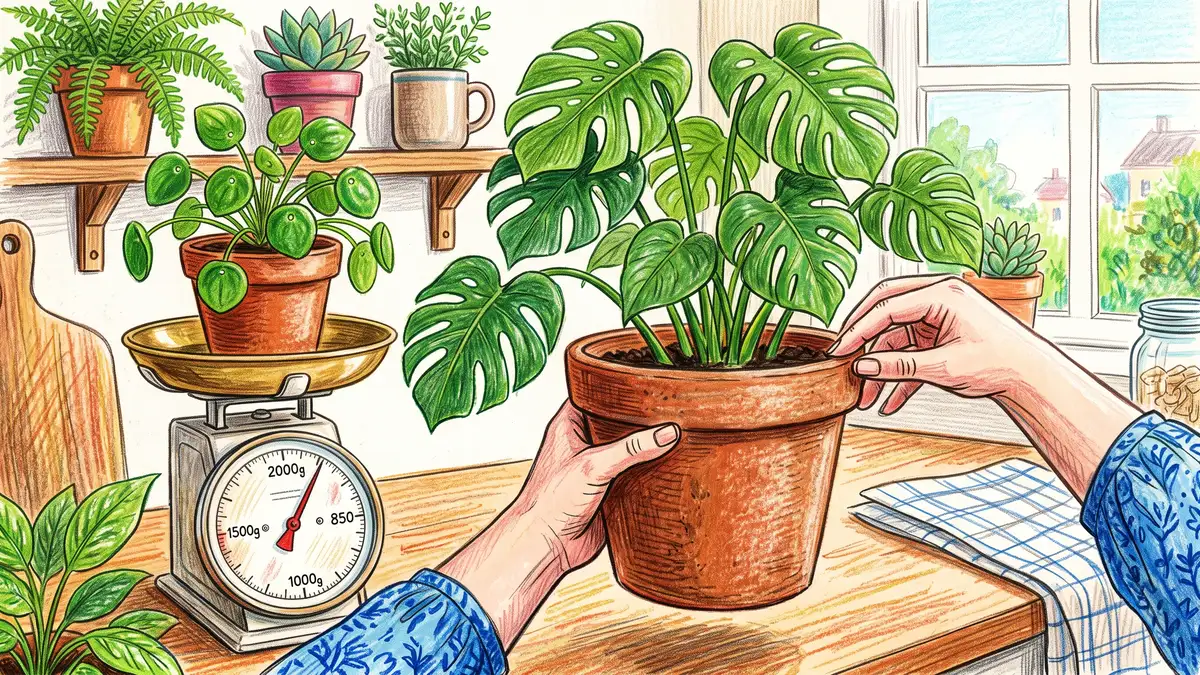 Potted plant being lifted by hand to judge its weight with a kitchen scale and a second pot on the counter behind
