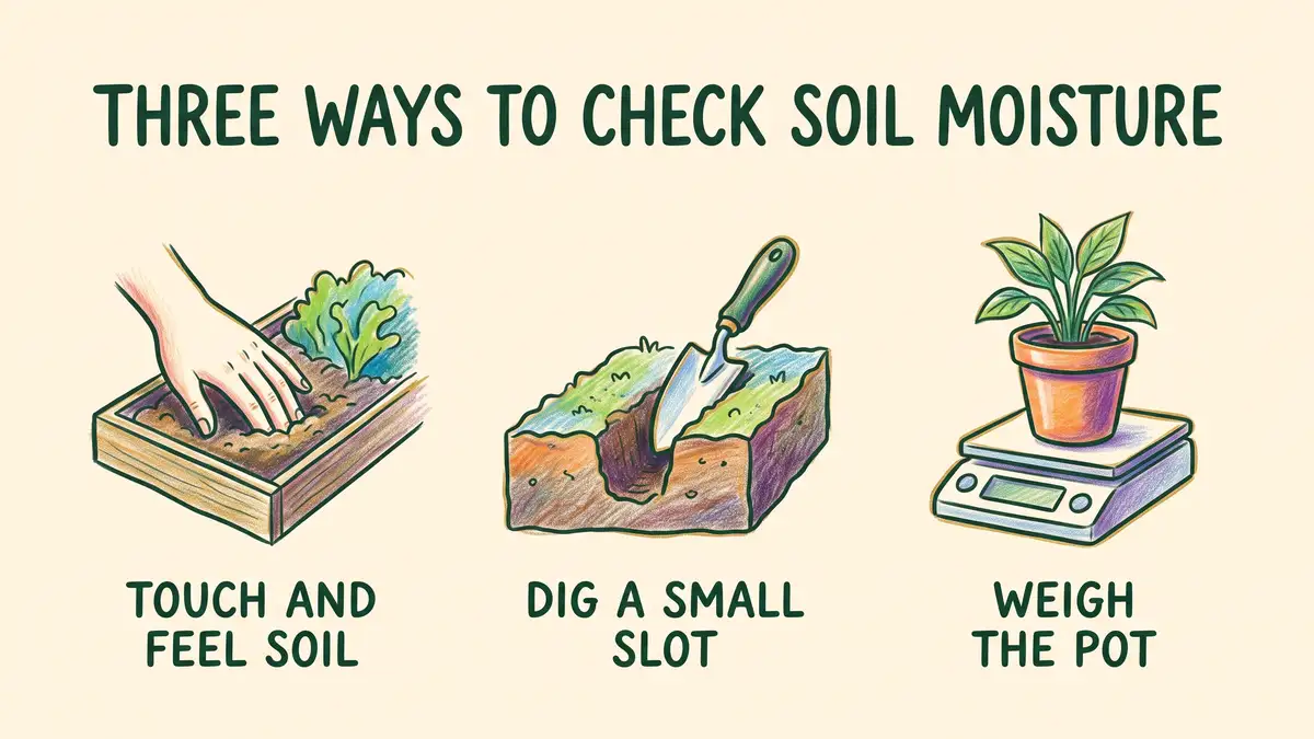 Infographic showing three ways to check soil moisture: fingers in soil, a trowel cutting a slot in a bed, and a pot on a kitchen scale