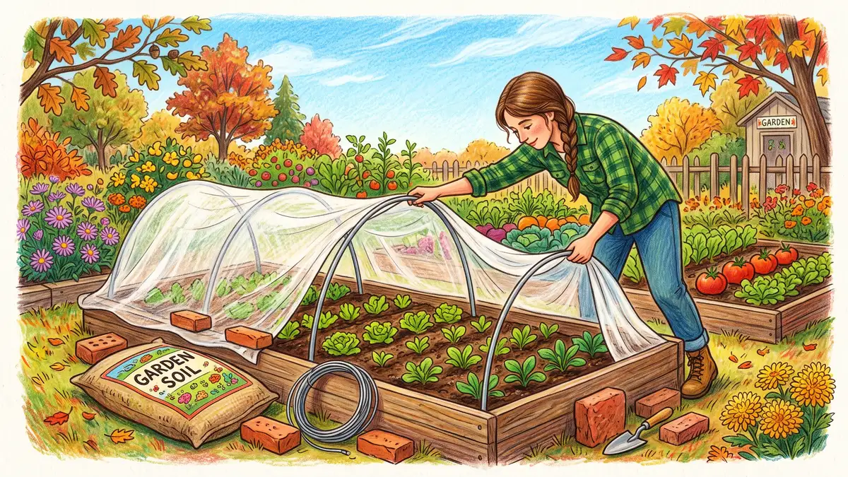 Gardener bending wire hoops into a raised bed and draping lightweight white row cover fabric over young greens with bricks ready to weight the edges