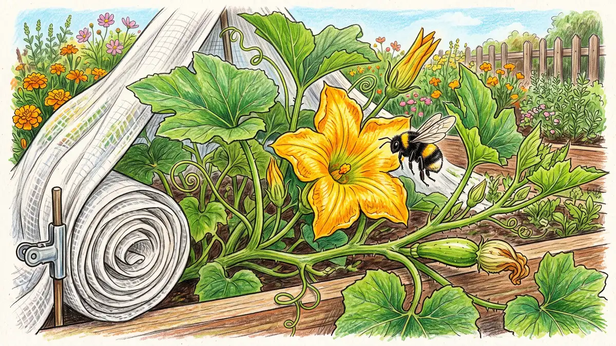 Flowering squash plant with its row cover rolled back and pinned aside while a bumblebee approaches an open yellow flower