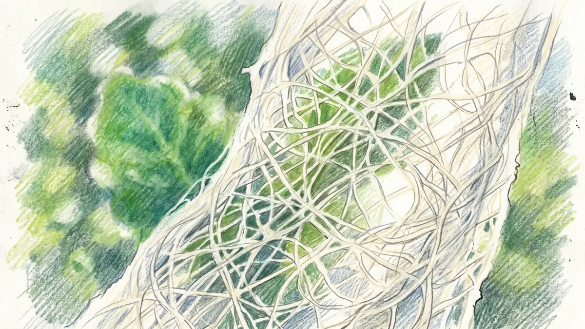 Close-up of white spunbonded row cover fabric held up to the light showing the fine random fibre weave with a leaf behind