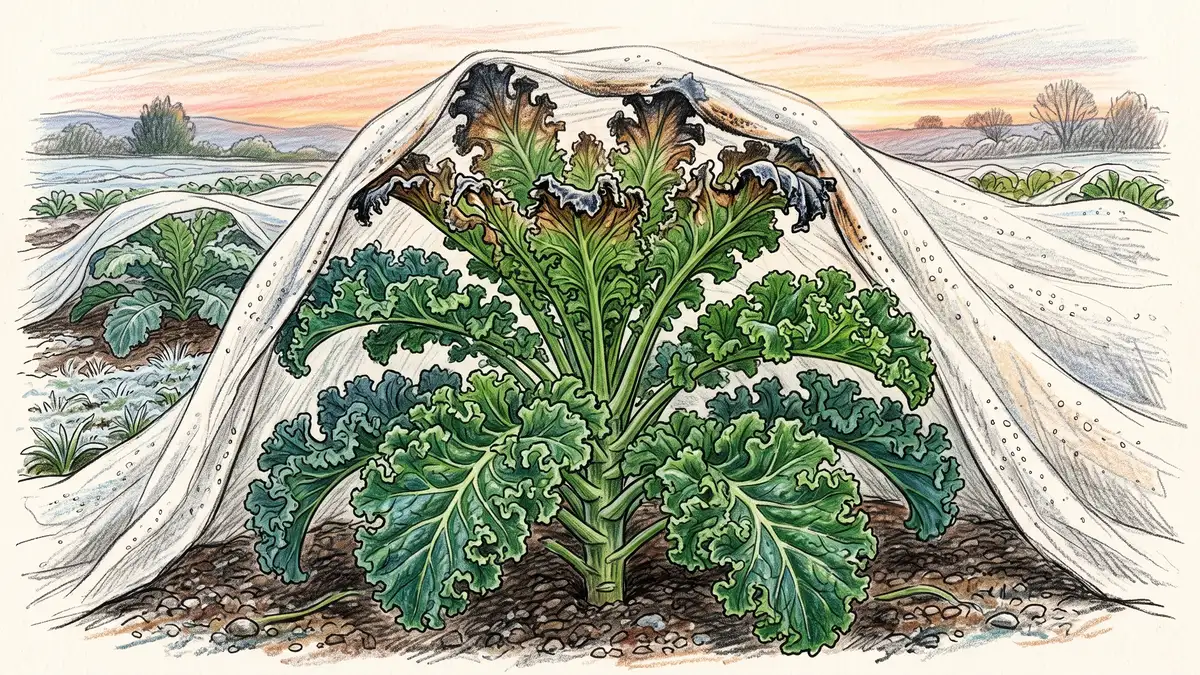 Frost damage on kale leaf tips that were pressed against the row cover fabric while lower leaves stayed green and undamaged