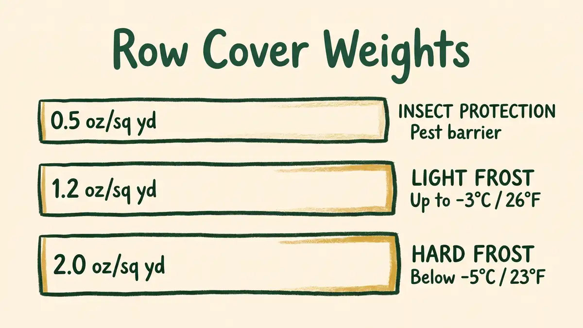 Infographic showing three row cover weight bands in ounces per square yard with their uses for insect exclusion, light frost and hard frost