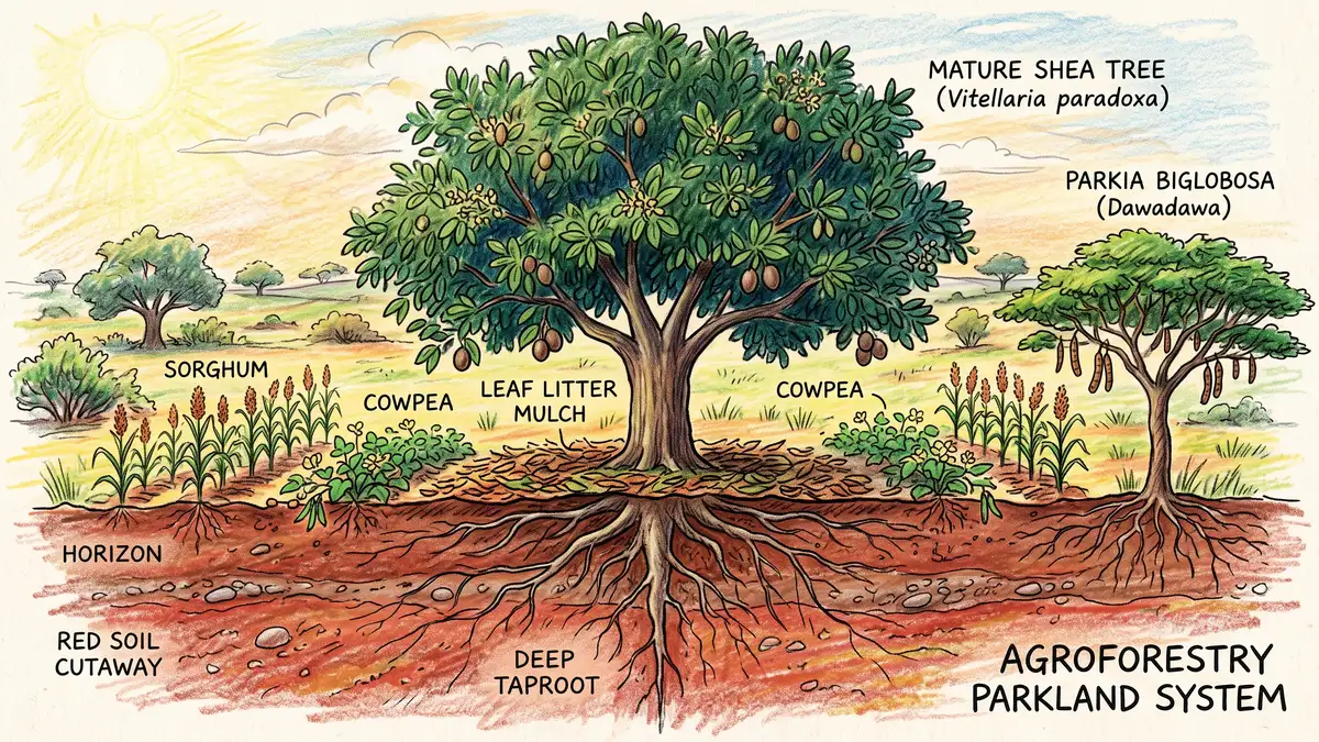Cross-section of a West African shea parkland showing a mature shea tree canopy above sorghum and cowpea with leaf litter mulch and deep taproot