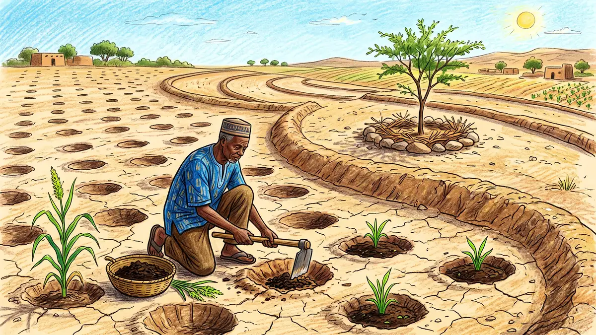 Sahelian farmer digging zai planting pits in a grid with half-moon earth bunds curving across the slope behind