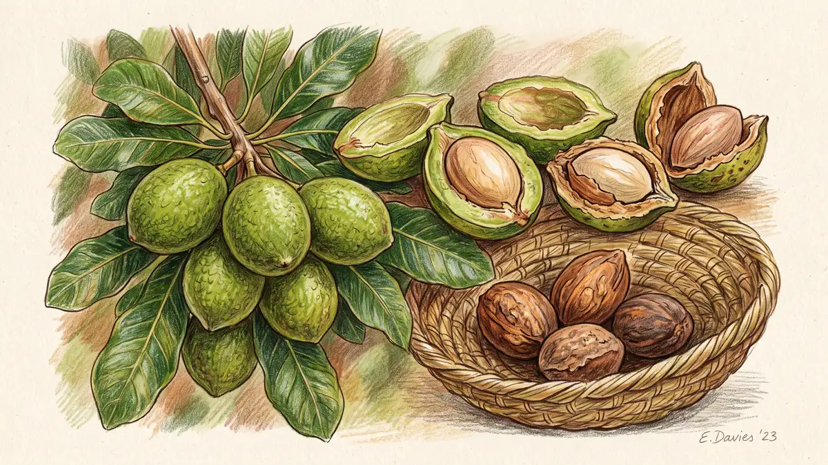 Close-up study of green shea fruits on a branch beside cracked open shea nuts resting on woven basketry