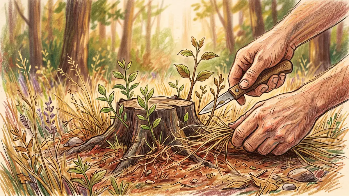 Hands clearing grass from a regenerating tree stump and pruning the strongest shoots with a small hand knife in red soil