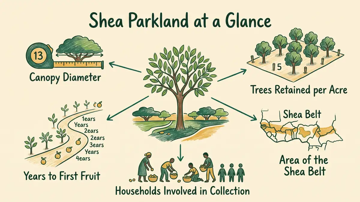 Hand-drawn infographic summarising shea parkland facts including canopy size, years to first fruit and trees retained per acre