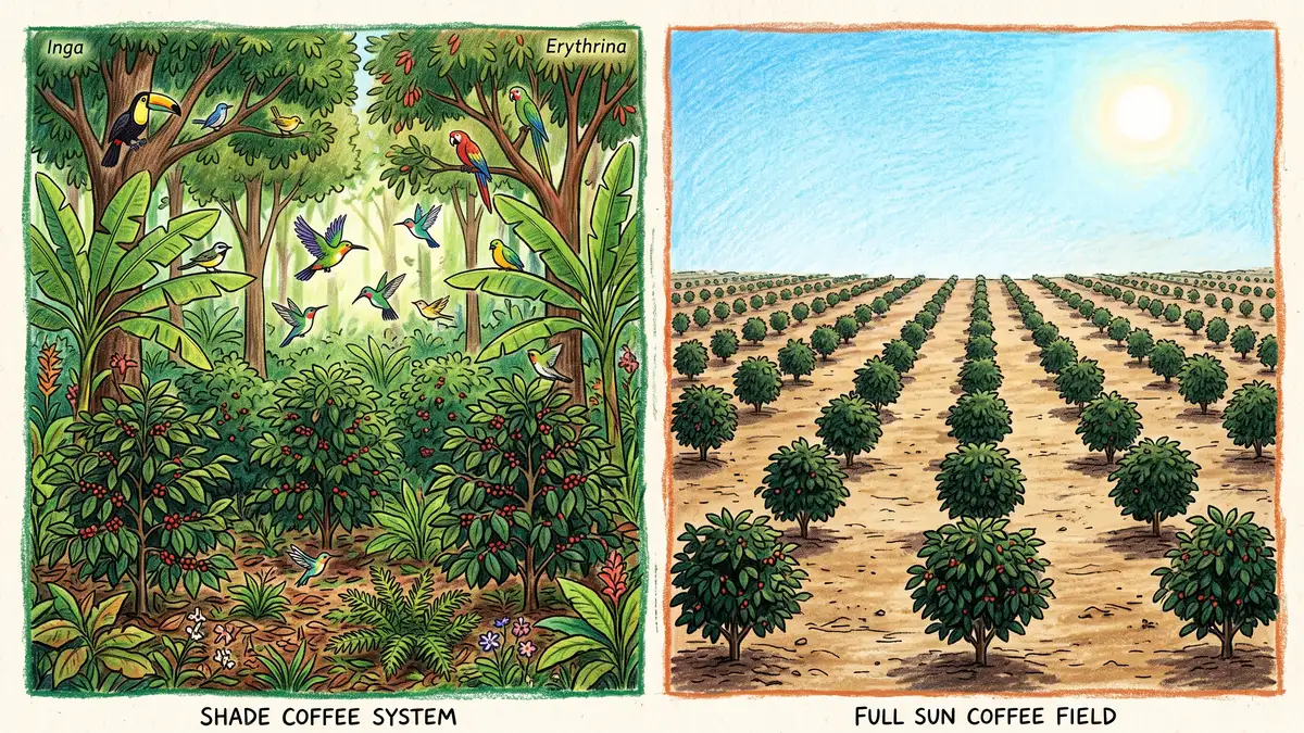 Side by side comparison of a multi-layered shade grown coffee system with tall trees and a bare full sun coffee field in rows