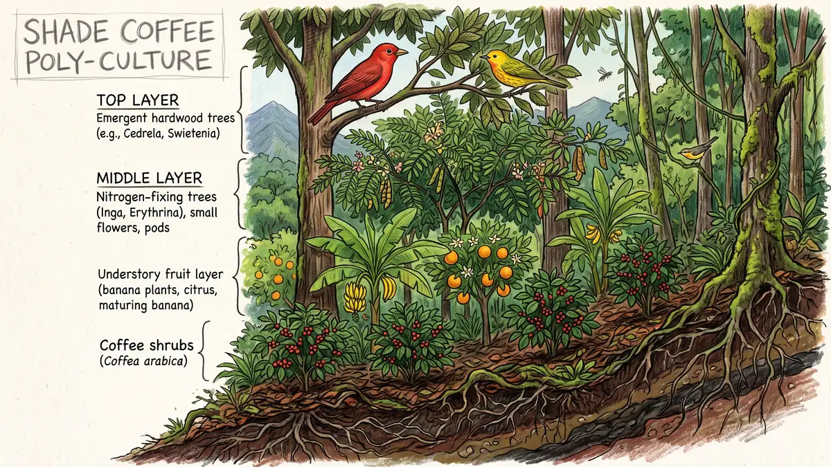 Vertical cross-section of a rustic shade coffee polyculture showing emergent trees, nitrogen fixing canopy, banana layer and coffee shrubs beneath