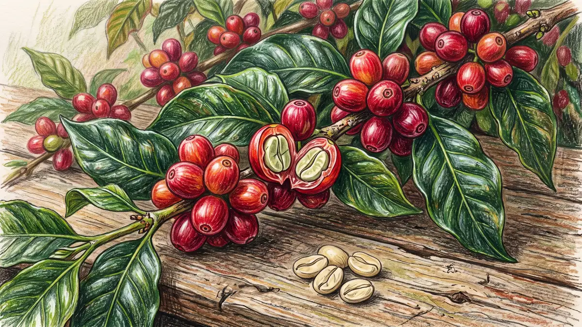 Close-up study of a coffee branch loaded with ripe red cherries with one split open showing the two green beans inside