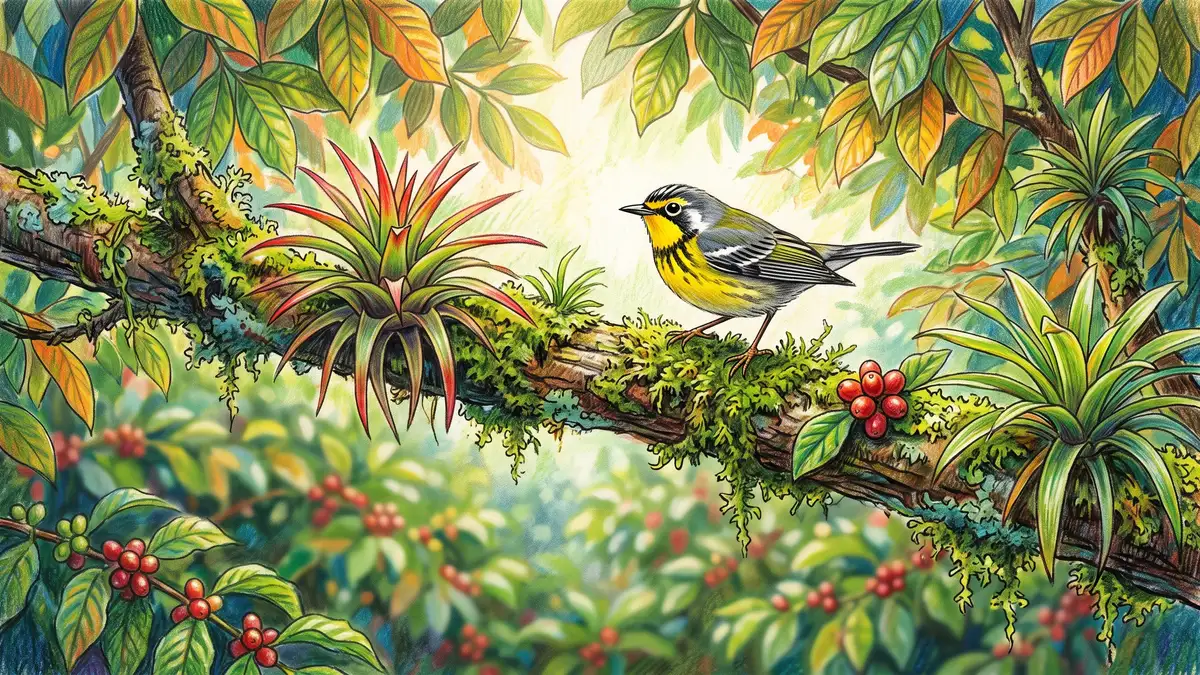 Small migratory warbler with yellow and grey plumage perched on a mossy branch above shade grown coffee shrubs